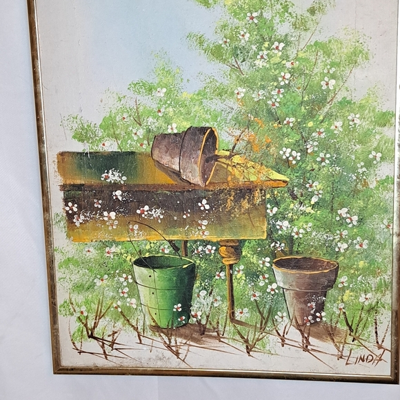 Vintage Garden Scene Wall Art with Gold Frame Signed By LINDA 12x16 - Picture 6 of 16